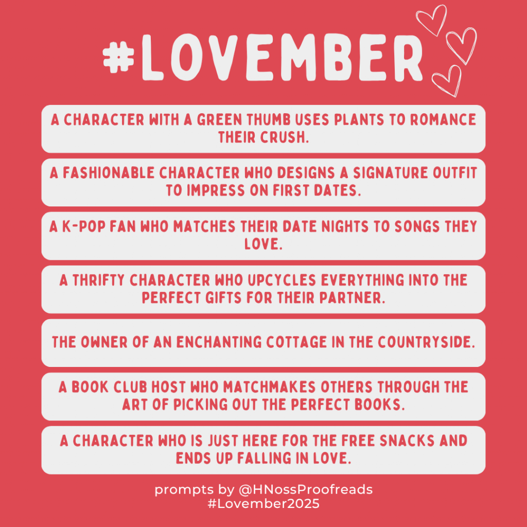 Seven rounded rectangles contain a character prompt per rectangle. The title #Love-ember is at the top against a red background. At the bottom is a credit line reading: "Prompts by @ H Noss Proofreads #Love-ember 2025".