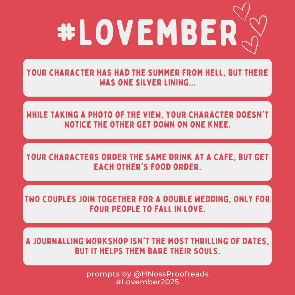 Five rounded rectangles contain a sentence prompt per rectangle. The title #Love-ember is at the top against a red background. At the bottom is a credit line reading: "Prompts by @ H Noss Proofreads #Love-ember 2025".